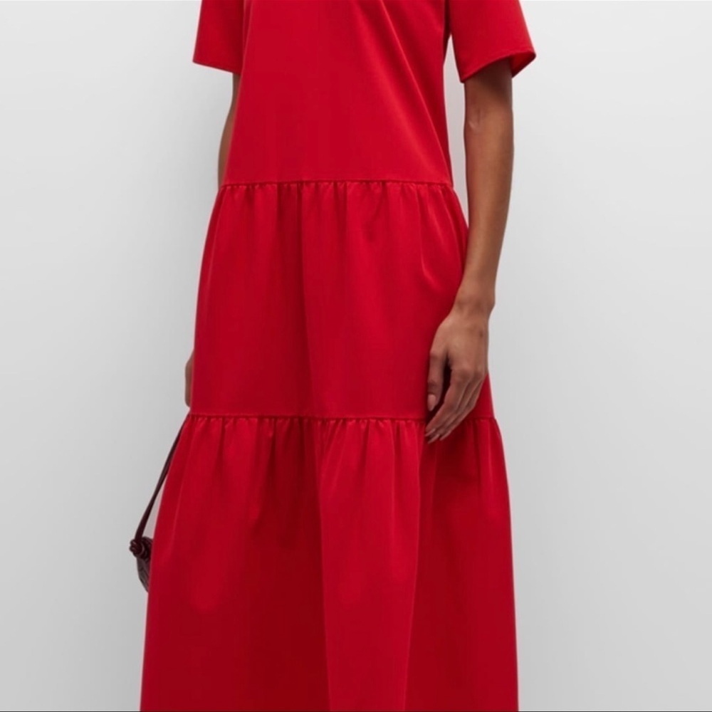 Misook Tiered Dress In Beautiful Sunset Red Loose Fitting Short Sleeved Nwot